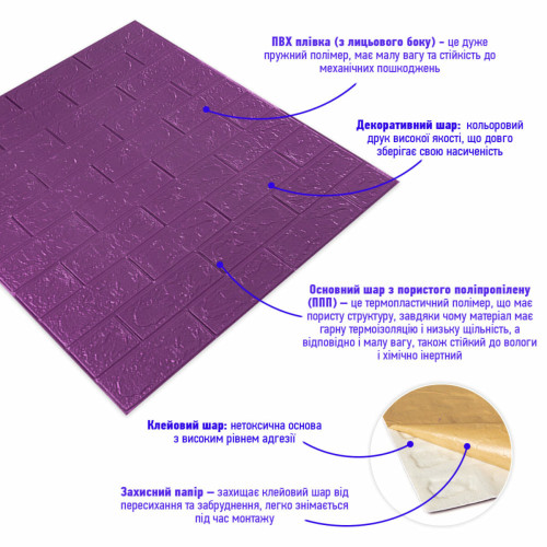 016-3 Панель стеновая 3D 700х770х3мм (кирпич) Фиолетовый SW-00003248